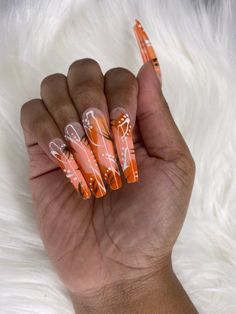 10 piece nail set. Available as a 20 piece set upon request. Application kit included. Nails Orange, Acrylic Press On Nails, Exotic Nails, Short Acrylic, Short Acrylic Nails Designs, Orange Nails, 90s Style, Short Acrylic Nails, Nails Designs