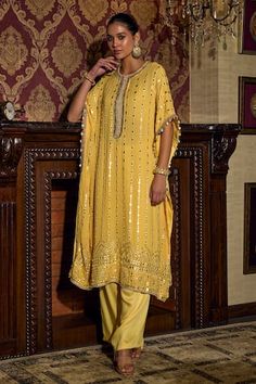 Yellow kaftan with mirror embroidery. Paired with a pant. - Aza Fashions Traditional Drape Pant Set With Mirror Work For Eid, Eid Traditional Drape Pant Set With Mirror Work, Festive Traditional Pant Set With Mirror Work, Bollywood Style Pant Set With Mirror Work, Bollywood Pant Set With Mirror Work For Navratri, Navratri Bollywood Pant Set With Mirror Work, Traditional Floor-length Pant Set For Eid, Mirror Work Kaftan, Yellow Kaftan