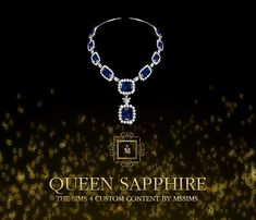 the queen sapphire necklace is displayed on a black background