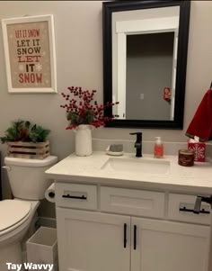 a bathroom with a sink, toilet and mirror