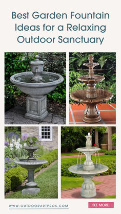 A collage showcasing a variety of garden fountain ideas. This collage includes images of elegant outdoor fountains, modern garden fountains, tiered garden fountains, cascading water features, and stylish patio fountains. Each fountain is set in beautifully landscaped backyards, highlighting their serene and tranquil ambiance. The collage aims to inspire the creation of a relaxing outdoor sanctuary, blending nature's harmony with artistic fountain designs. Garden Fountain Ideas, Backyard Water Fountains, Landscaping With Fountains, Patio Fountain, Fountain Ideas, Garden Sanctuary, Tranquil Garden, Relaxing Backyard, Outdoor Fountains