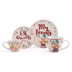 three cups and two saucers with the words elf treats on them