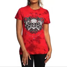 Affliction Women's T-Shirt Poison Soul Black Label Collection Skull Biker Brand: Affliction Color: Mars Red Crystal Wash Style: Poison Soul / Aw24034 Mrcs Material: 100% Cotton Detail: Rhinestone Graphic Crew Neck Washed T-Shirt Casual Tops With Skull Shape For Alternative Fashion, Red Distressed Short Sleeve T-shirt, Red Punk Top With Graphic Print, Casual Skull Print Top For Alternative Fashion, Red Skull Print Short Sleeve Top, Biker Skull Print Crew Neck Top, Red Short Sleeve Top With Skull Print, Red Fitted Grunge T-shirt, Biker Crew Neck Tops With Skull Print