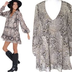 Nwt. "Donna Michelle Tunic" In A Wild And Sexy Printed Snakeskin. Wear As A Mini Dress Or Tunic. Flowy, Lightweight 100% Polyester. Fully Lined. Deep V Neck. Large Keyhole Cutout With Button Closure In The Back. Size Medium. Note: Stock Photo Model Is Not Wearing The Exact Print Of Actual Item; Photo Included To Depict How The Dress Fits. Approximate Measurements 32 Inches From Shoulder To Hem 19 Inches Armpit To Armpit Hand Wash And Hang Dry Or Dry Clean. Smoke-Free Home. Offers Welcome. Bundle Gray Mini Dress For Fall Night Out, Gray Dress For Night Out In Fall, Gray Dress For Fall Night Out, V Neck Mini Dress, Photo Model, Snakeskin Print, Show Me Your Mumu, Show Me Your, Show Me