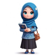 a woman wearing a blue hijab and holding a book