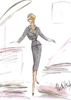 a drawing of a woman in a suit and heels walking down the street with her hand on her hip