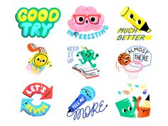 various stickers that say good trip