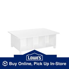 a white coffee table with three cubbys on it and the words lowest buy online, pick up 1 - store