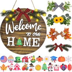 a wooden sign that says welcome to our home surrounded by christmas decorations and wreaths