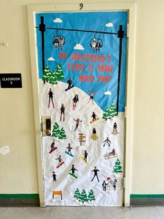 a door decorated with skis and snowboarders on the bottom part of it