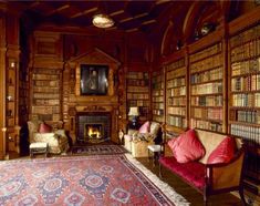 a living room filled with lots of books on top of a wooden floor next to a fire place