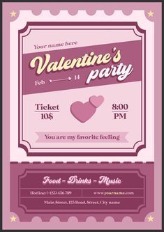 a valentine's party ticket with hearts and stars on the front, purple background