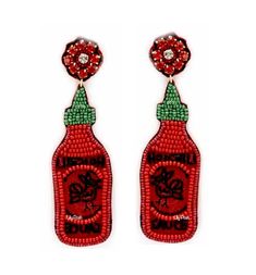 Hot Sauce Bottle Earring• 1 pair• Size: 3.25" x 1"• Push Back• Seed Beads• Felt Back* Hand madeThese are hand made so there may be slight variation in shape and size. Need more, CONVO me. Novelty Earrings For Valentine's Day Party, Novelty Earrings For Party On Valentine's Day, Valentine's Day Beaded Drop Earrings For Party, Valentine's Day Party Beaded Drop Earrings, Bottle Earrings, Cocktail Earrings, Fruit Earrings, Hot Pepper, Statement Earring