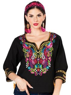 Mexican Artisanal Embroidered Blouse 100% Cotton Black Classic Mexican Design Blouse Made in  Mexico by our Artesanos Does not include Accessories Handmade Blouse, Father Son Shirts, Rodeo Boots, Mexican Blouse, Mexican Designs, Hand Stitch, Hand Embroidery Stitches, Stitch Embroidery, Embroidered Blouse