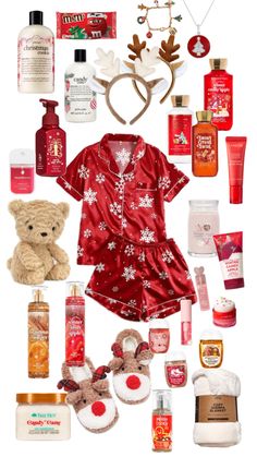 the contents of a woman's christmas gift set including bath products, teddy bear and other items