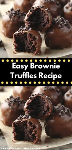 chocolate brownie truffles are stacked on top of each other and have been cut in half