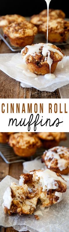 cinnamon roll muffins are being drizzled with icing