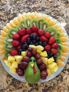 a turkey made out of fruit on a plate with grapes, kiwis and strawberries