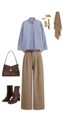 a woman in blue shirt and brown pants with handbag, purse and shoes on white background