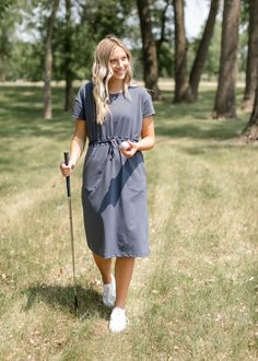 Becca Cinch Waist Athletic Midi Dress IC Dresses Dusty Navy / XS Modest Athletic Outfits, Modest Dressing, Athletic Dress, Hiking Fashion, Dress Dusty, Go Hiking, Denim Midi Skirt, Hiking Women, Girls Denim