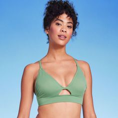 Women's Longline Cut Out Bikini Top - Shade & Shore™ Green 32D Green Stretch T-back Swimwear, Stretch Nylon Swimwear With Padded Cups, Padded Stretch Nylon Swimwear, Fitted Triangle Top Sports Bra With Removable Pads, High Stretch Underwire Swimwear With Built-in Bra, Stretch Bra For Swimming, Underwire Stretch Bra For Yoga, Solid Color High Stretch Underwire Swimwear, High Stretch Underwire Swimwear