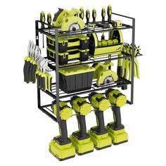 a green and black tool rack filled with tools