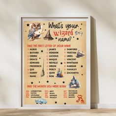 a poster with the words what's your wizard name? and an owl on it