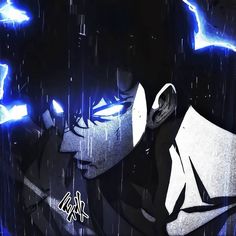 an anime character is standing in the rain with his eyes closed and head tilted back