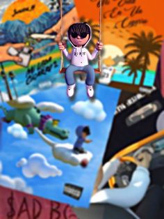 an animated image of a boy swinging on a rope in the air with his feet up