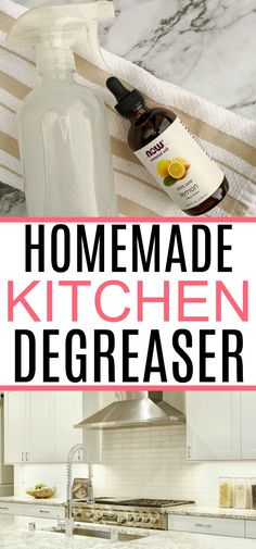 the words homemade kitchen degreaser are in black and white with pink border