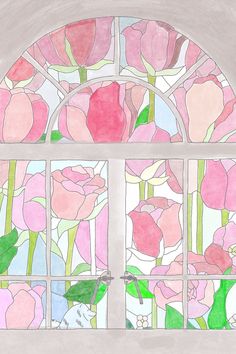 a drawing of a window with pink flowers in it