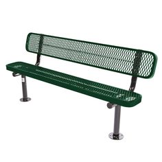 a green park bench sitting on top of a metal frame stand next to a white wall