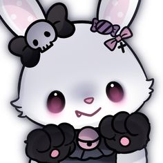 a white rabbit with black ears and pink cheeks is wearing a bow tie while sitting in front of the camera