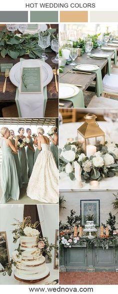 wedding color palettes with green and white flowers, greenery, candles, cake