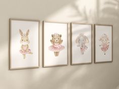 three framed pictures hang on the wall next to each other, depicting animals in ballet outfits