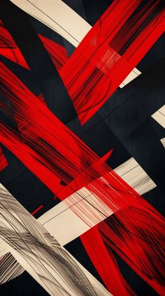 an abstract painting with red, white and black lines in the center on a black background