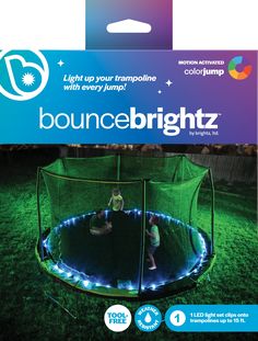 the bounce brightz trampoline is shown with its lights on it's side