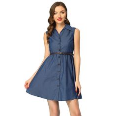 Update your wardrobe collection with this classic chambray navy-blue dress for summer daily. The classic design and a belted waist can highlight your waistline and elongate your leg. The flowy dress hem adds more charming for you. The shirt dress for women with denim color is great for summer time, and you can pair it with sport shoes or sandals to build a vintage and casual look. Shirt Dress For Women, Safari Dress, Chambray Fabric, Button Down Shirt Dress, Dress For Summer, Dress Navy Blue, Denim Color, Chambray Dress, Navy Blue Dresses