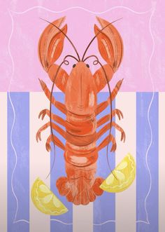 a drawing of a lobster with lemons on the side and stripes in the background