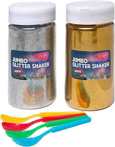 jumbo glitter shakers and spoons are shown in three different colors, including yellow, green, blue, red