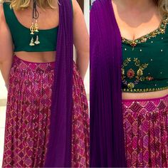 Purple And Pink Lehenga With Sparkle Detail, Green Top With Sleeves Added, Drawstring Skirt Can Be Adjusted Slightly, Detail In Gold And Pink/Purple On Top, Full Skirt, Wore Once To A Wedding Festive Purple Choli With Zari Weaving, Green And Purple Indian Outfit, Bohemian Purple Blouse For Diwali, Purple And Pink Lehenga, Purple Skirt And Crop Top Indian, Emerald Green Top, Pink Lehenga, Pink Sparkle, Green Tops