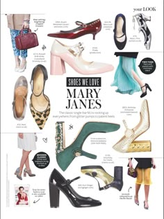 many different types of shoes and purses on display in an advertisement for mary jane's