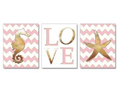 three pink and gold wall art pieces with the word love