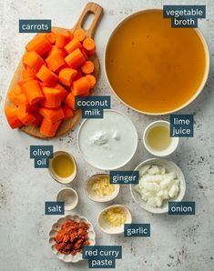 carrots, milk, and other ingredients are arranged on a white surface with words describing them