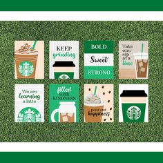 starbucks printables are displayed on the grass with coffee cups and beverages in them