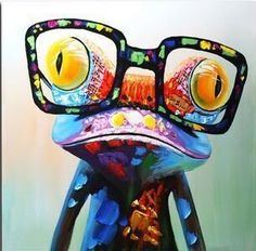 a painting of a frog with glasses on it's face, in front of a brick wall