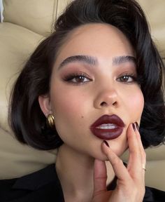 Eye Makeup For Burgundy Lips, Dark Makeup For Wedding, Vampy Fall Makeup, Brown Smokey Eye Red Lip, Black Turtleneck Makeup, Dark Red Lip Makeup Look Brown Eyes, Maid Of Honour Makeup Looks, Makeup Looks For Brunettes Brown Eyes, Burgundy Blush Makeup