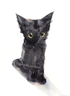 a watercolor painting of a black cat's head with yellow eyes and whiskers