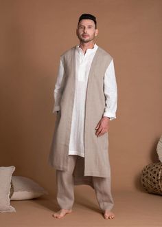 Regular Fit White Long Sleeves Linen Tunic Top For Men Long Vest Men, Mens Linen Outfit, Linen Fashion Men, Sleeveless Jacket For Men, Mens Linen Jackets, Kurta Shirt, Fashion Alternative, Vest For Men, Linen Vest