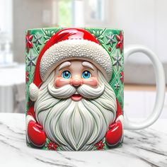 a santa claus mug sitting on top of a counter